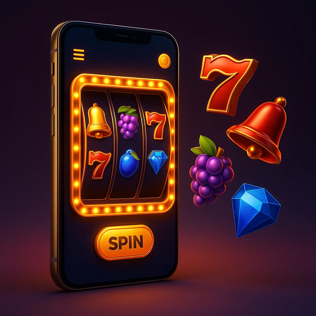 Slot gratis modern di smartphone dengan simbol 7, bel emas, dan permata, menggambarkan pengalaman game mobile tanpa iklan atau top up.