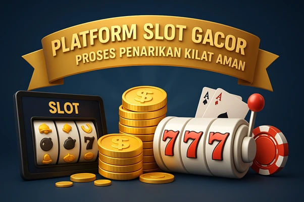Ilustrasi 3D Platform Slot Gacor Resmi dengan mesin slot 777 emas, koin berhamburan, naga emas, dan dewi keberuntungan, melambangkan proses penarikan kilat aman